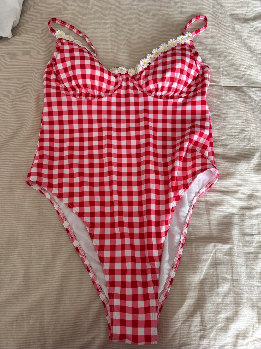Red Gingham One-Piece Swimsuit with Daisy Trim